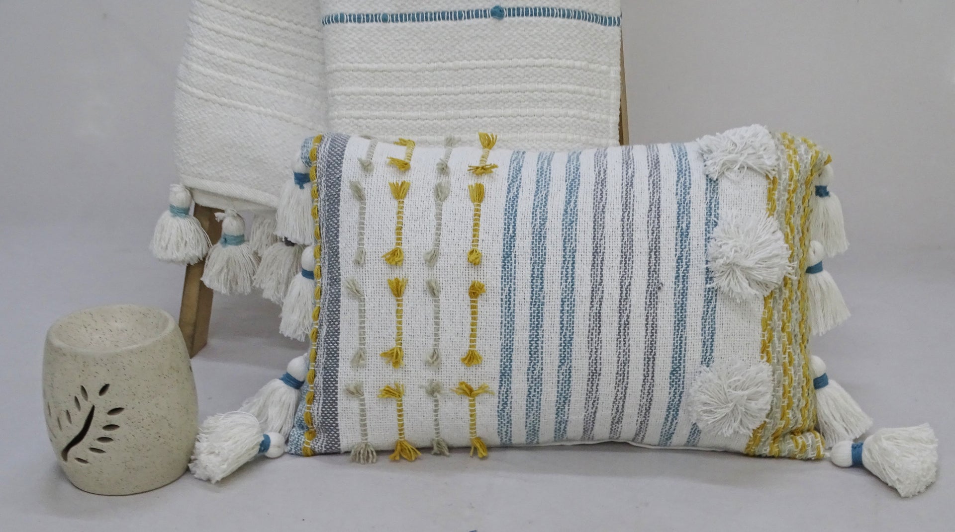 Designer Striped Pillow with Large Poms and Tassels 14