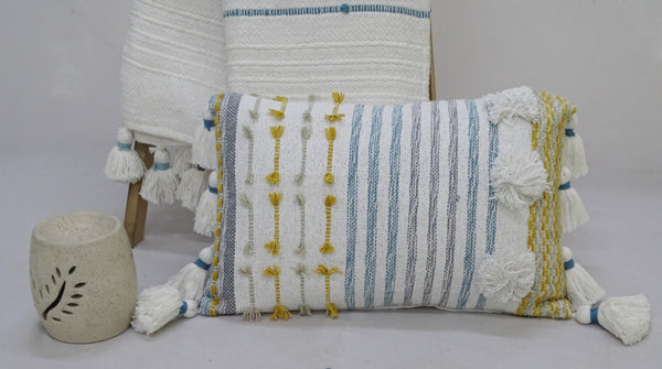 Designer Striped Pillow with Large Poms and Tassels 14
