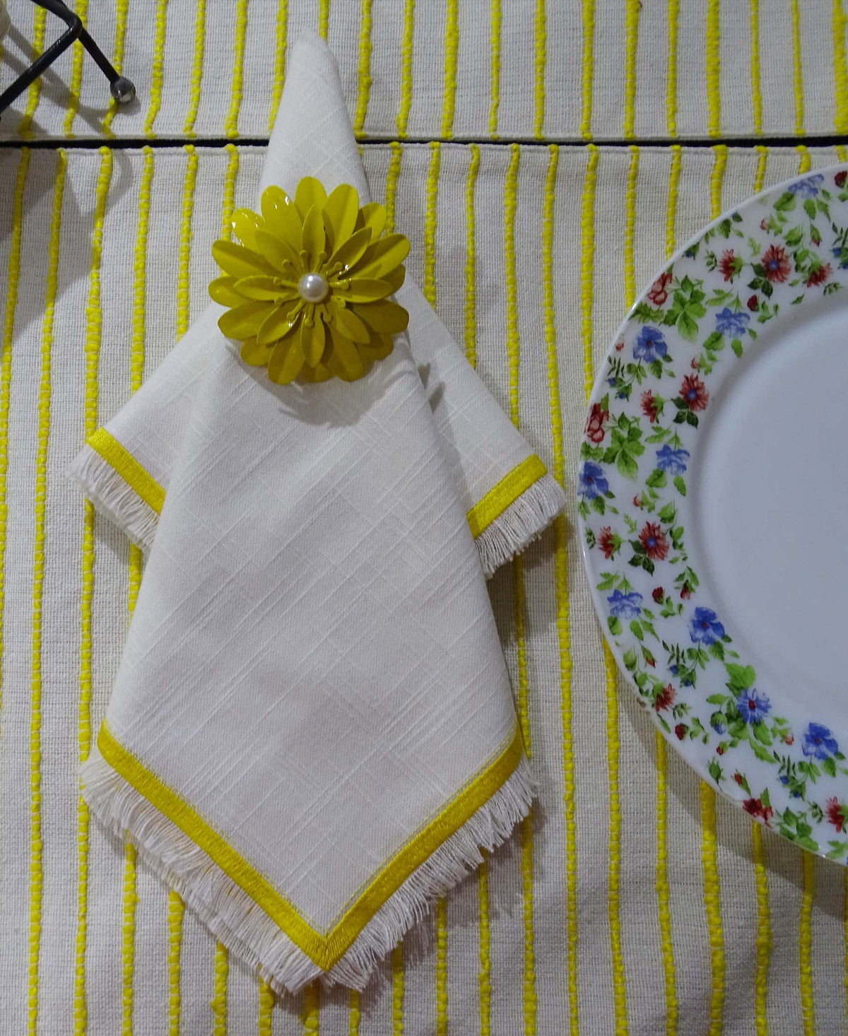 Vibhsa Cotton Table Napkins | Set of 4, Yellow Embroidery, 20