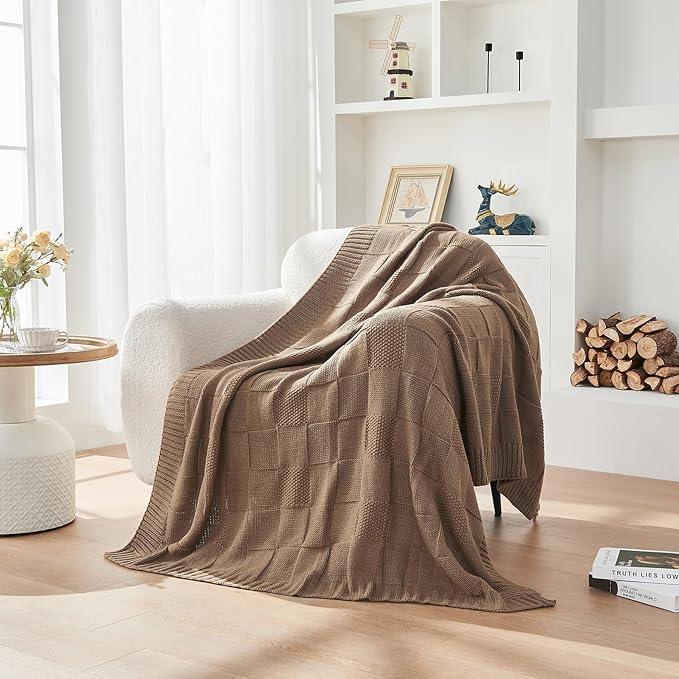 CozeCube Check Knit Throw Blanket, Light Brown Checkered Throw for Couch, Decorative Christmas Soft Cozy Warm Knitted Blanket for Bed Sofa Living Room, 60