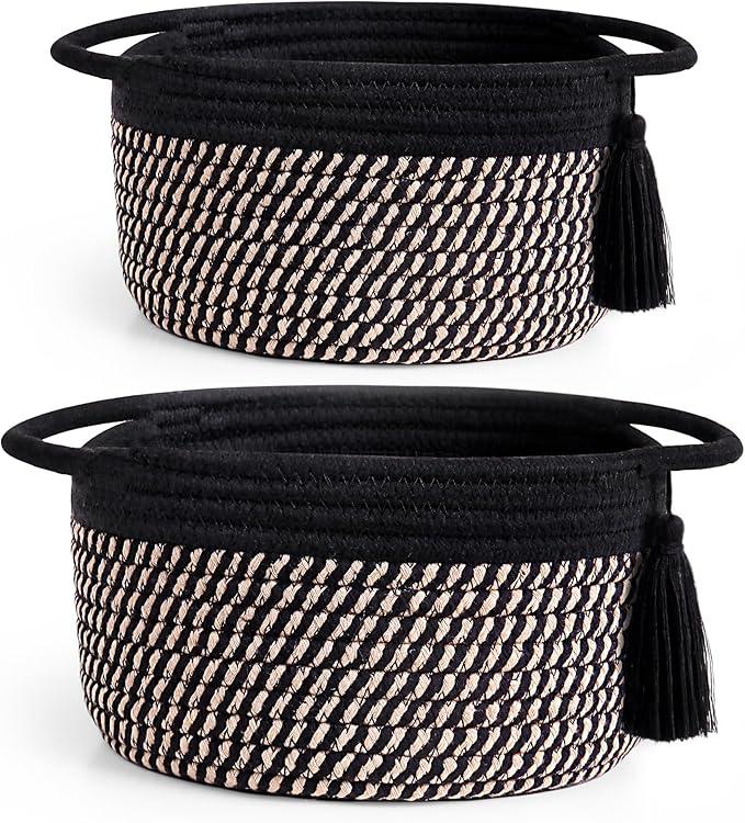 Empty Gift Basket - SweetMemo Mini Woven Rope Organizer Baskets for Baby Shower, Vanity, Makeup Brushes, Bathroom, Shelves, Desk - Small Decorative Storage Bins - Set of 2, Pre-Shaped, Black Brown