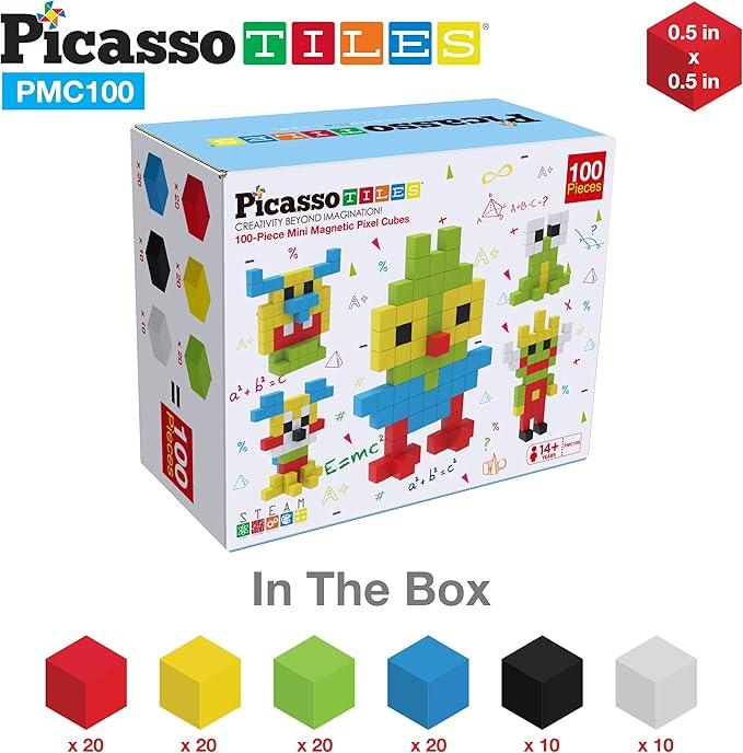 PicassoTiles 100pcs 0.5” Pixel Magnetic Puzzle Cube Mix & Match Cubes Sensory Toys STEAM Education Learning Building Block Magnets Children Construction Toy Set Stacking Magnet Creative Kit PMC100