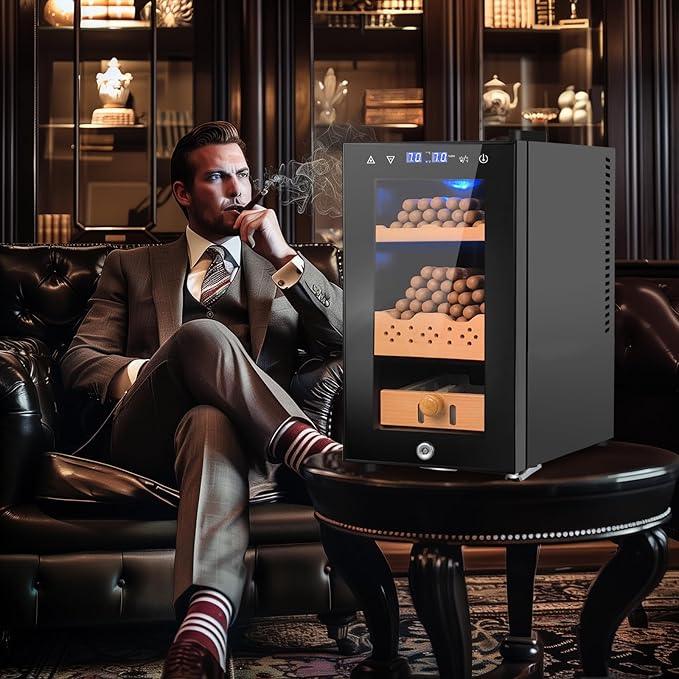 Electric Cigar Humidor, 25L 200 Counts Large Capacity,Thermostatic Electric Cooler Cabinet with Digital LED Screen, Safety Lock,Smart Humidity & Temp Control, Gifts for Men