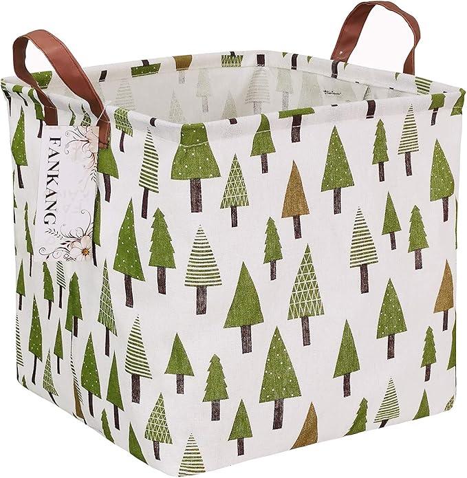 FANKANG Square Nursery Hamper Storage Bins Canvas Laundry Basket Foldable with Waterproof PE Coating Large Storage Baskets Gift Baskets for Children Office Bedroom ClothesToys (SquareGreen forest)