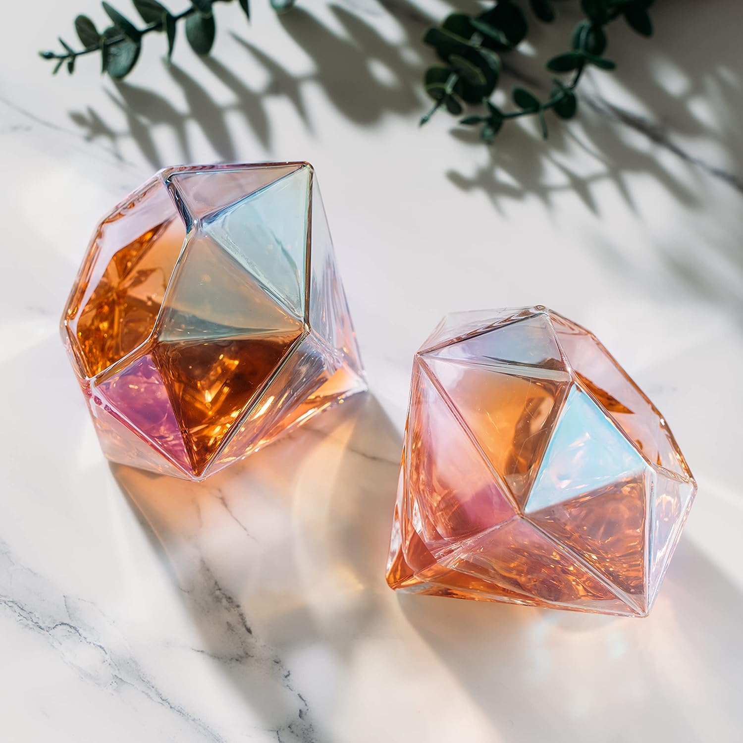 Set of 2 Iridescent Diamond Whiskey & Wine Glasses 10oz - Wine, Whiskey, Water, Diamond Shaped, Diamonds Collection Sparkle Patented Wine Savant - Stands Alone, Or on Stand