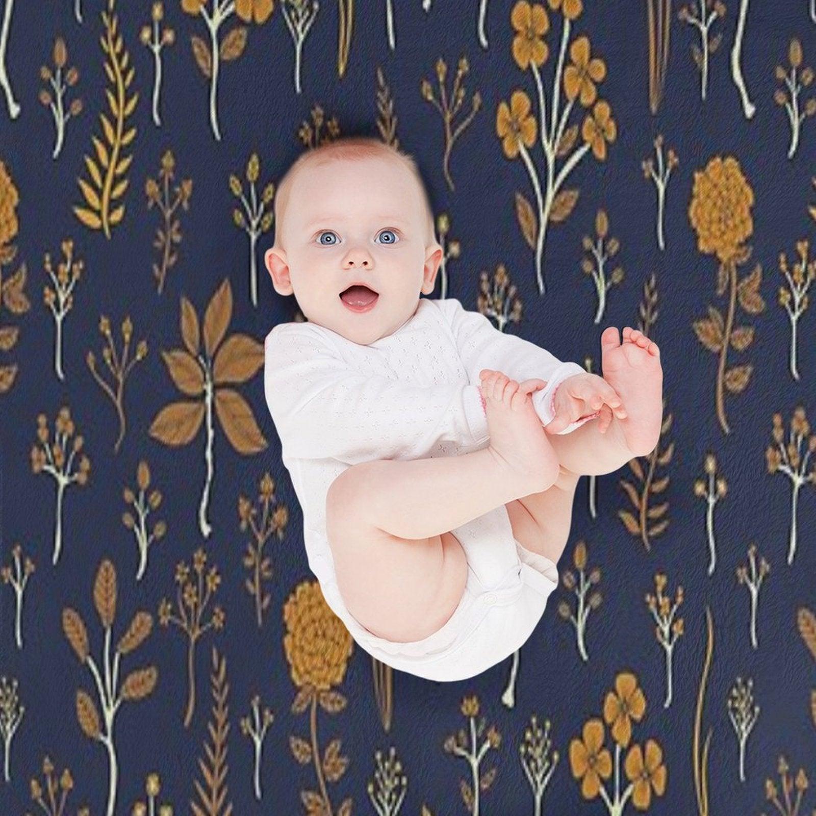 Navy Blue & Mustard Yellow Floral Pattern Throw Blanket