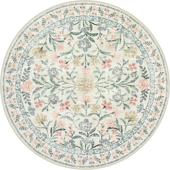 Wonnitar Round Washable Rug, Soft Floral Round Rugs 5ft Circle Carpets for Bedroom Ultra-Thin, Boho Beige Print Distressed Circular Carpet for Living Room Dorm Bedside