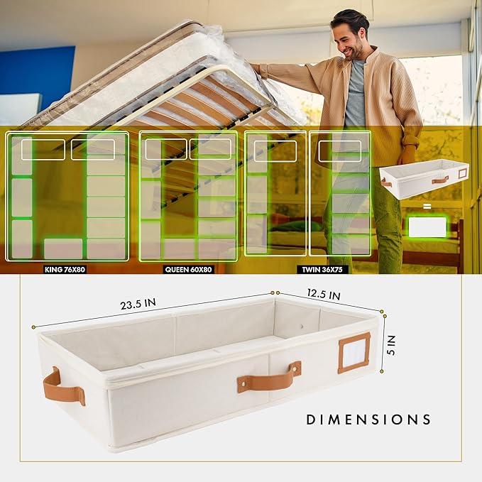 HOMELUX THEORY 2pc Under Bed Storage Containers, Bedroom Under the Bed Drawer Storage Organizer with Bins and Lids, Medium Underbed Clothes Storage Box Ideal for Blanket, Fabric, & Shoes (Ivory)