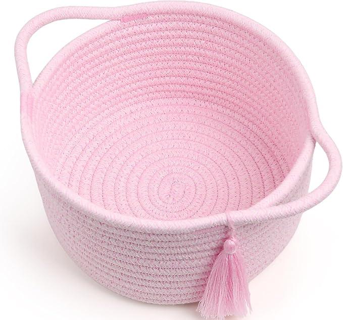 Small Cute Empty Gift Basket Little Woven Rope Organizer Baskets for Baby Shower Gifting, Makeup Brushes Holder, Bathroom- Decorative Vanity Storage Bins - 2 Pack, Pre-Shaped, Pastel Pink