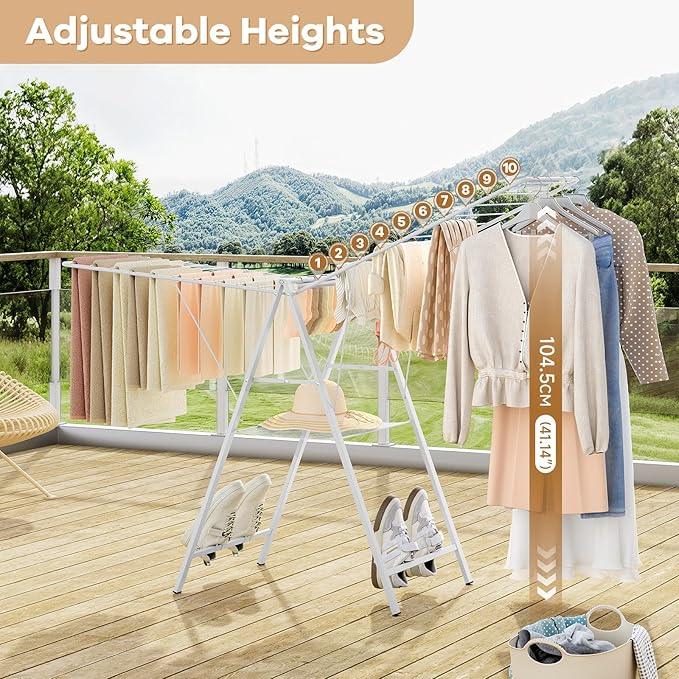 APEXCHASER Drying Rack for Clothing Foldable, Metal Laundry Rack Collapsible, Ultra Thin Gullwing Clothes Airer with Adjustable Height for Towel Baby Clothes Indoor Outdoor Laundry Room, White