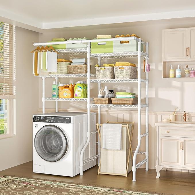 Ulif U13 Over Washer and Dryer Storage Shelves, 6 Tiers Laundry Room Standing Shelf with 2 Hanger Rods, Space Saver Clothes Drying Rack, 63.4