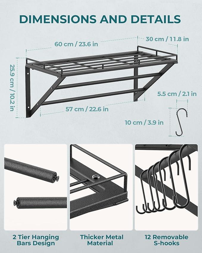 OROPY 23 Inch Wall Mounted Pot Rack Storage Shelf with 2 Tier Hanging Rails 12 S Hooks included, Ideal for Pans, Utensils, Cookware, Plant Black