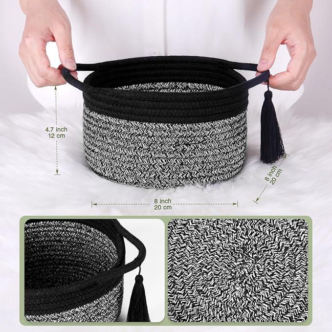 Empty Gift Basket Mini Woven Rope Organizer Baskets for Baby Shower, Vanity, Makeup Brushes, Bathroom, Shelves, Desk - Small Decorative Storage Bins - Set of 2, Pre-Shaped, Black Grey