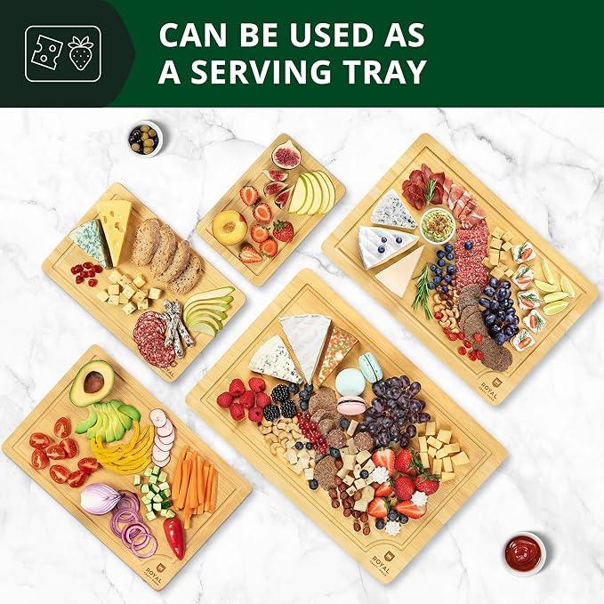 ROYAL CRAFT WOOD Wooden Serving Boards for Kitchen Meal Prep&Bamboo Wood Cutting Board Set with Deep Juice Groove Side Handles-Charcuterie & Chopping Butcher Block for Meat-Kitchen Gadgets Gift (5Pcs)