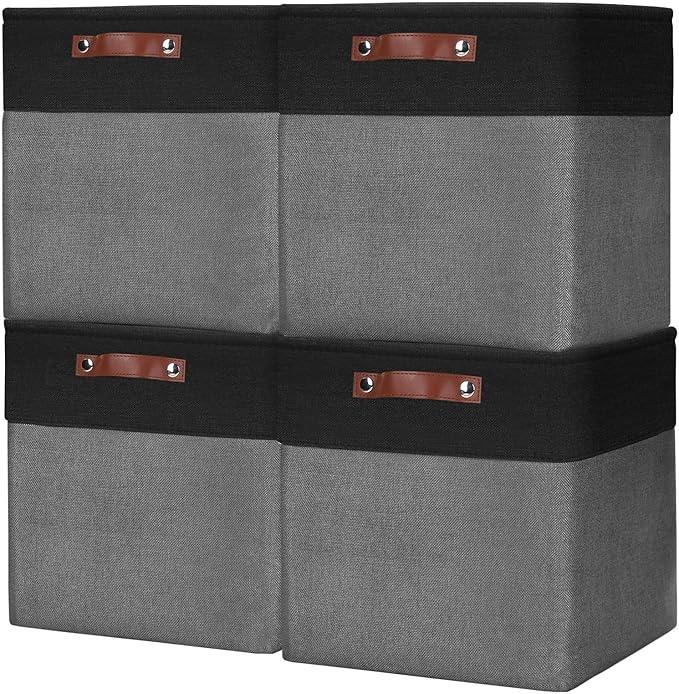 13x13 Cube Storage Bins, Collapsible Fabric Storage Box, 4 Pack Closet Baskets with Handles for Organizing, Shelf, Toys, Clothes, Home, Office, Nursery (Grey&Black)