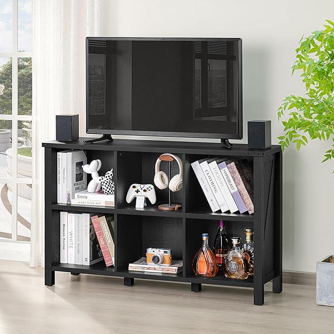 6 Cube Bookcase, Farmhouse Wood Low Storage Organizer Book Shelf, Black 47