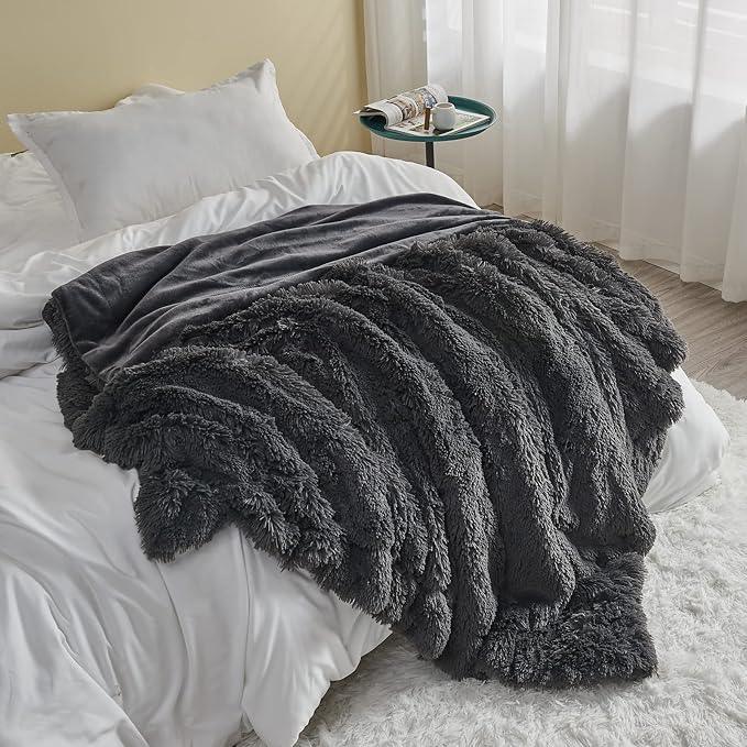 GONAAP Fuzzy Faux Fur Throw Blanket Twin Size Dark Grey Super Soft Cozy Plush Fuzzy Shaggy Blanket for Couch Sofa Bed (Dark Grey, Twin(60