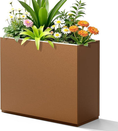 FENCY Metal Planter Box, Large Rectangular Planters for Outdoor Plants, Outdoor Tall Planters with Drainage Holes, Brown Metal Planters (30