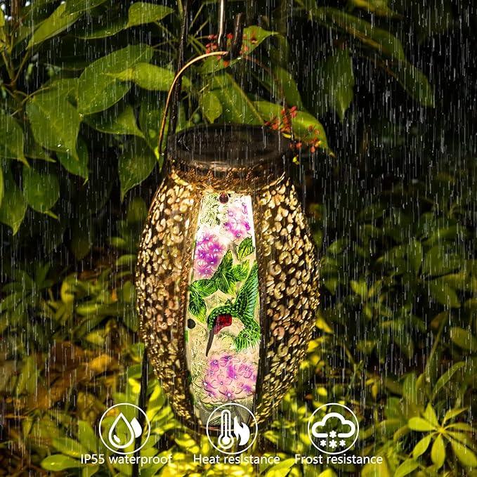 Outdoor Solar Lantern-Waterproof Hummingbird Hanging Metal Decorative Lights for Patio Table Garden Pathway Yard with Super Bright Warm White LED, Large Solar Panels, Auto On/Off