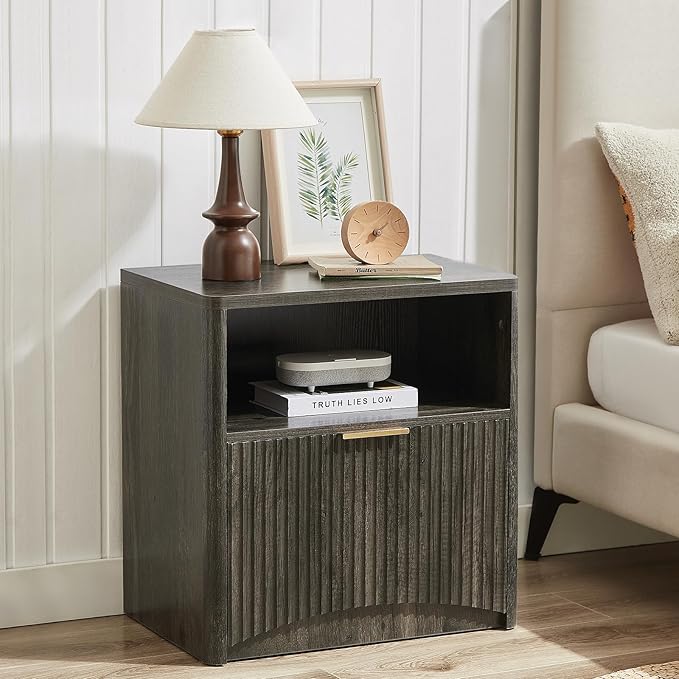 Fluted Nightstand, Dark Grey Bedside Table with Drawer and Storage, Wood End Table Mid Century Modern, Large Night Stand for Bedroom