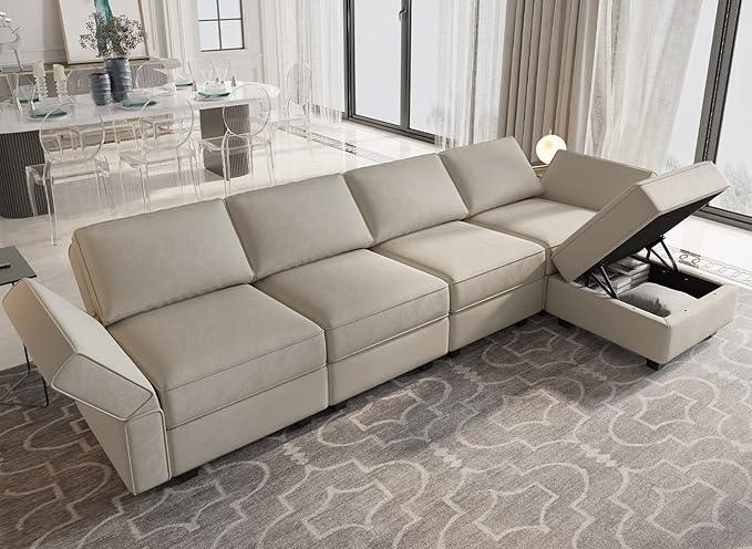 Belffin Modular Sectional Sofa Couch with Reversible Chaise Velvet L Shaped Couch with Storage 4-seat Convertible Sofa Grey…