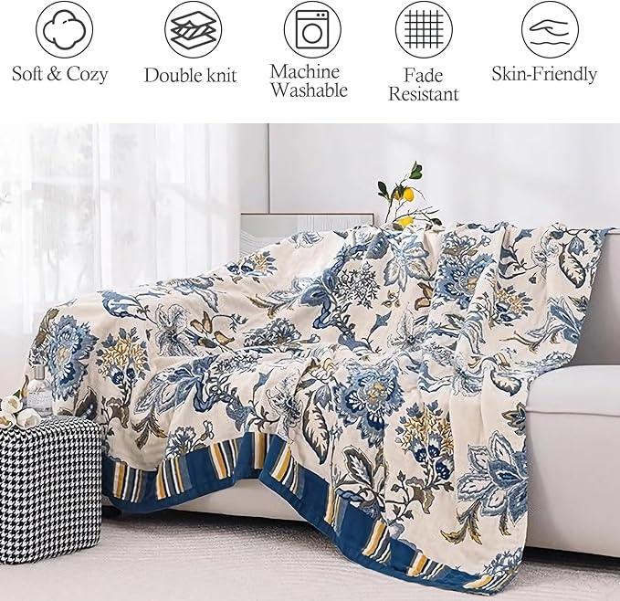 Snycler Boho Throw Blanket for Bed - 100% Cotton Ultra Soft Rustic Quilt - White Blue Floral Printed Farmhouse Decor Bed Blankets, 80