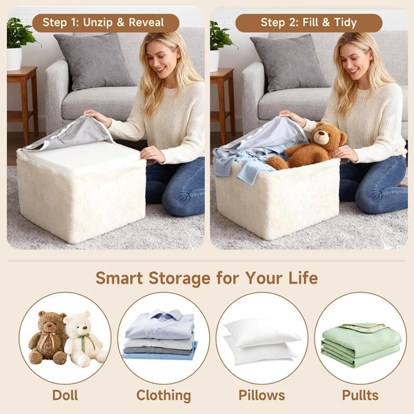 Cream Square Luxurious Upholstered Foam Pouf Ottoman