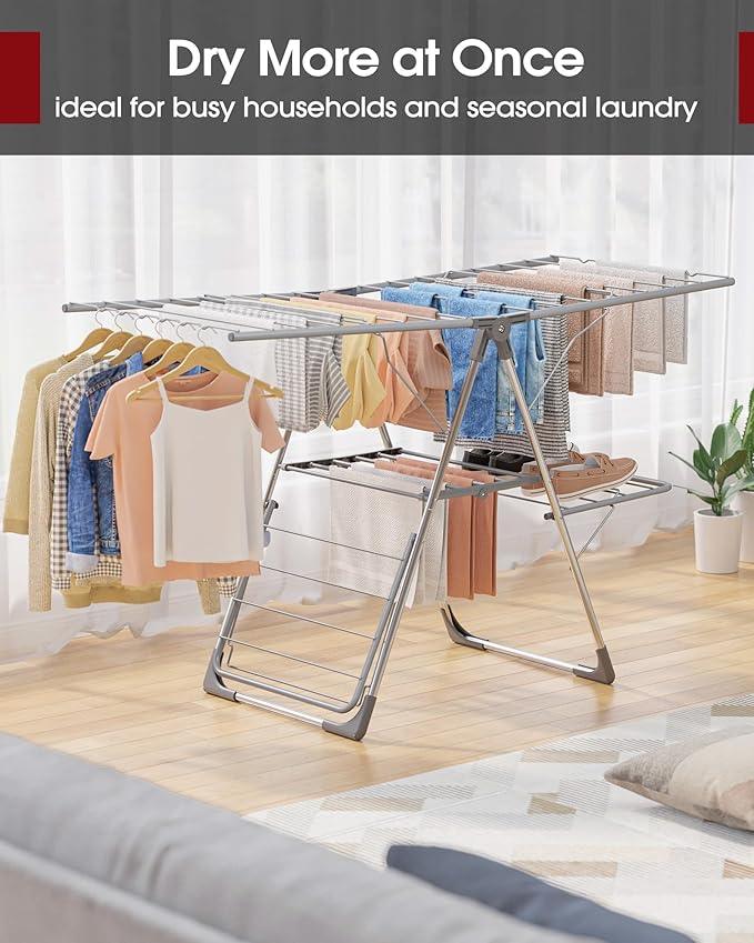 Clothes Drying Rack - Foldable Laundry Drying Rack for Clothing & Bedding, Easy-to-Assemble, Space-Saving Metal Airer with Non-Slip Feet, Indoor & Outdoor Use, 55.5
