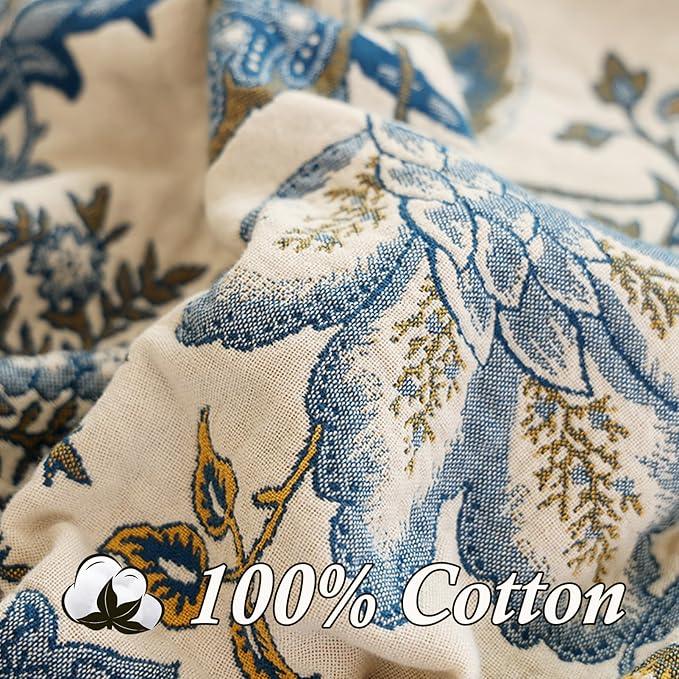Snycler Boho Throw Blanket for Bed - 100% Cotton Ultra Soft Rustic Quilt - White Blue Floral Printed Farmhouse Decor Bed Blankets, 60