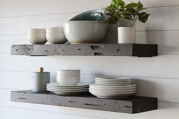 Urban Legacy Reclaimed Barn Joist Deep Floating Shelves | Deep Shelves with Low Profile Shelf Bracket with High Weight Capacity, Set of 2 (48