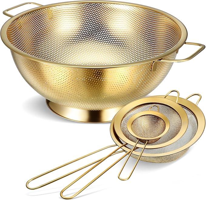 Norme 5 Quart Stainless Steel Gold Colander and 3 Pcs Gold Fine Mesh Strainer, Stainless Steel Pasta Rice Food Metal Strainer with Handles, Easy Clean and Dishwasher Safe