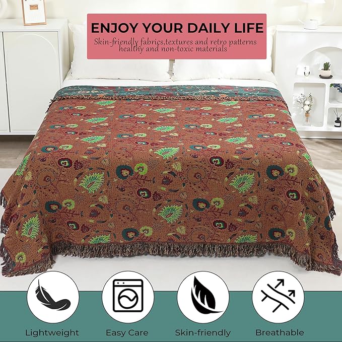 Boho Throw Blanket for Bed,100% Ultra Cotton Soft Breathable Bed Throw Floral Printed Farmhouse Decor Rustic Bed Throws for Couch Sofa Quilt 60