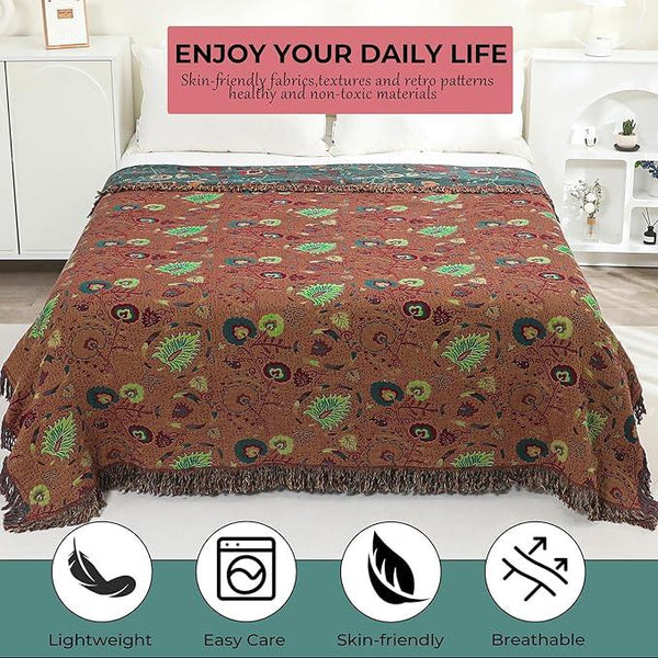 Boho Fall Throw Blanket for Bed，100% Ultra Cotton Soft Breathable Bed Throw Floral Printed Farmhouse Decor Rustic Bed Throws for Couch Sofa Quilt 90