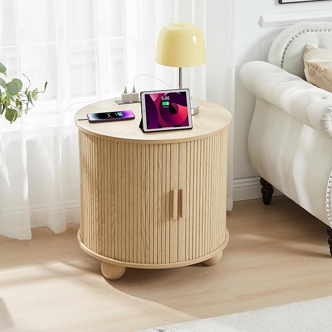Farmhouse Round End Table with Charging Station, 24