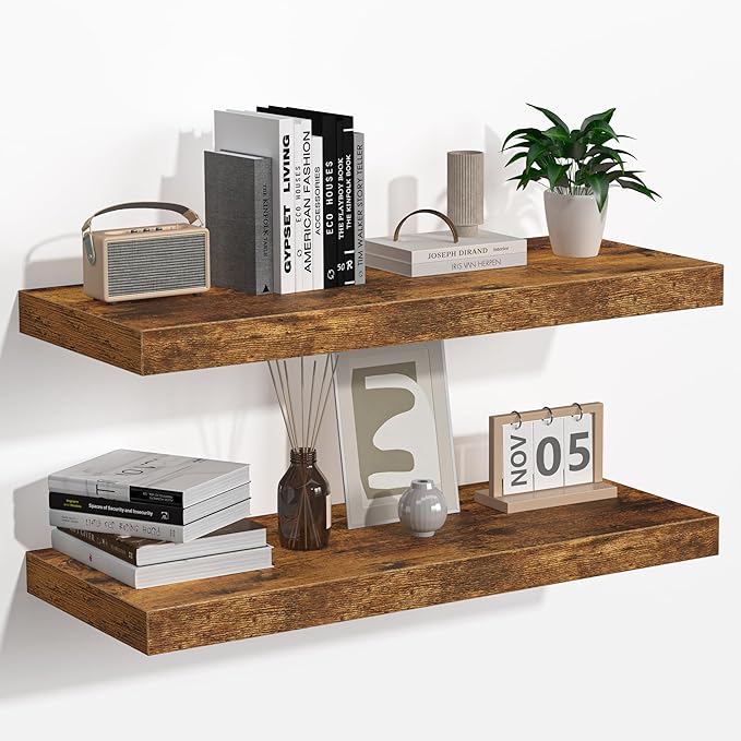 Floating Shelves - 2 Pack 9 Inch Rustic Wooden Wall Shelves - Extra Deeper & Thicker Wall Mounted Storage Shelf for Living Room, Kitchen, Farmhouse - 24
