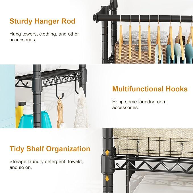 U14 Over Washer and Dryer Storage Shelves, 4 Tiers Laundry Room Storage and Organizer System, Space Saving Clothes Drying Rack with 2 Clothes Hanger Rods, 66.5