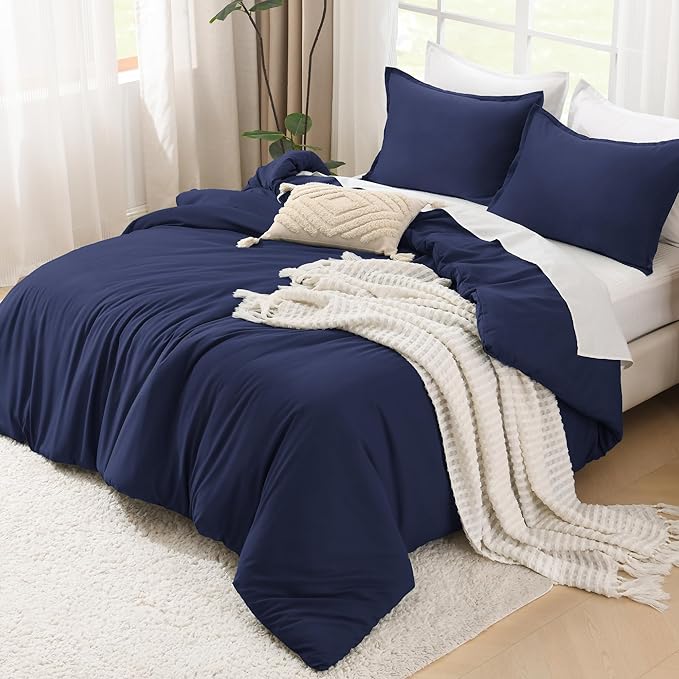 Litanika Navy Blue Comforter Set California King Size, 3 Pieces Cal King Lightweight Solid Bedding Comforter Set, All Season Fluffy Down Alternative Bed Set (104x96In Comforter & 2 Pillowcases)