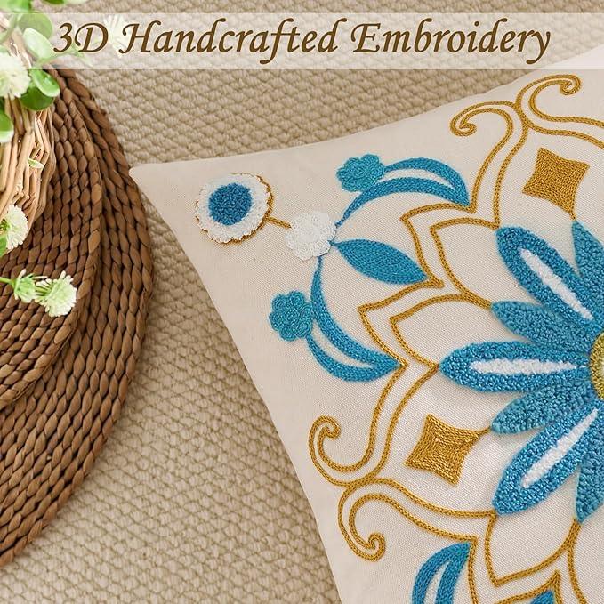 Embroidered Throw Pillow Cover 18x18 Classic Boho Floral Pattern Pillows Cover Outdoor Decorative Pillowcase,Durable Cozy Textured Cushion Case for Sofa Couch Bed Living Room,Teal