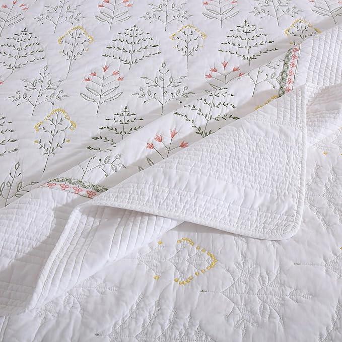 MarCielo 3-Piece 100% Cotton Oversized Bedspread Lightweight Quilt Coverlet Embroidery Farmhouse Bedding Set(TL Floral White,Oversized King (118