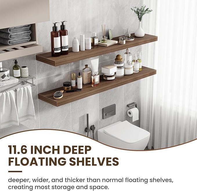 55 Inch Floating Shelves, 12 Inch Deep Floating Shelves for Wall, Floating Shelf with Invisible Brackets, Deep Wall Shelves for Bathroom, Bedroom, Living Room, 1 Pack, Walnut