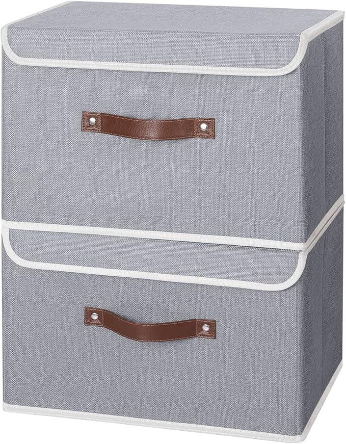 ANMINY 4PCS Storage Bins with Lid PU Leather Handles Storage Boxes PP Plastic Board Decorative Foldable Lidded Cotton Linen Fabric Home Cubes Baskets Closet Organizer Containers - Gray, Large Size
