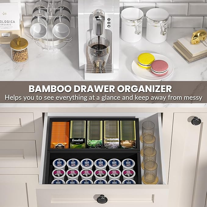 Kitchen Drawer Organizer Bins, Stackable Bamboo Drawer Organizer for Silverware, Coffee Pod Organizer K Cup Holder for Countertop, 2 Pcs Coffee Station Organizer Black 12