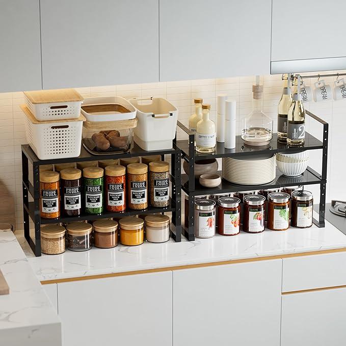 Expandable,Stackable Spice Rack,Seasoning Organizer and Storage,Spices Jar Racks for Cabinet,Countertop, Metal Pantry, Cupboard,Laundry Storages,Heavy Duty(2 Packs/Large/Black)