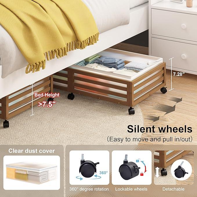 Under Bed Storage Containers With Wheels - 2 Pcs Large Bamboo Wood Rolling Underbed Shoe Storage Bins With Dust Bags for Clothes Blankets, Duvet Covers Snacks Toys (Walnut)