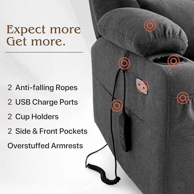 Power Lift Recliner Chair for Elderly with Extended Footrest, Infinite Position Lay Flat Recliner Chair for Adult W/Massage & Heating, Adjustable Headrest, 3-Motor Zero Gravity,Cup Holder, Fabric