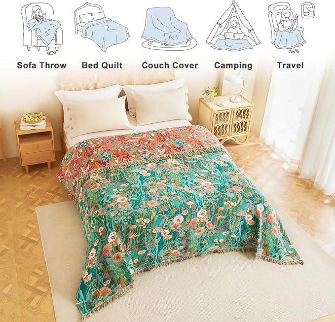 MSGKV Boho Throw Blanket for Bed Twin Size Cotton Muslin Breathable Floral Blanket 60