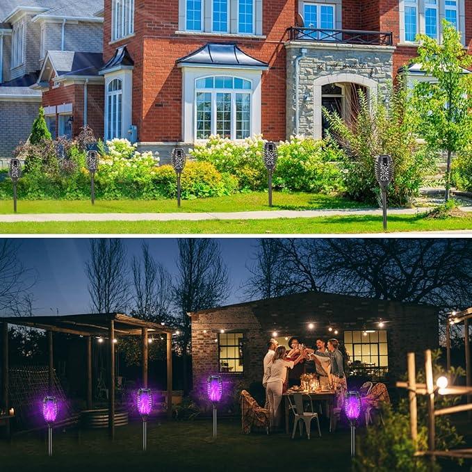 Halloween Decorations Outdoor, 12 Pack Purple Solar Lights Outdoor Waterproof 12 LED Mini Tiki Torch Lights with Flickering Flame for Outside Landscape Garden Pathway Dusk to Dawn Auto On/Off