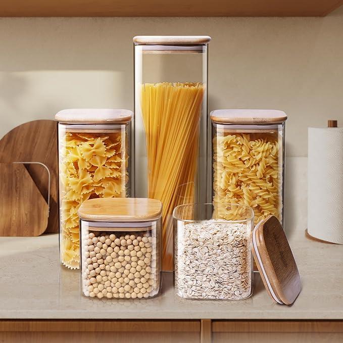 Square Glass Jars with Bamboo Lids 17 FL OZ [Set of 12], Glass Canisters with Airtight Lids, Glass Food Storage Containers for Spice, Sugar, Tea, Candies, Cookies, Best for Kitchen & Pantry