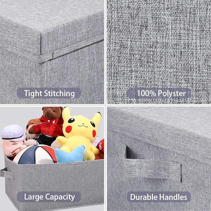 HOONEX Linen Foldable Storage Bins with Lids, 2 Pack, Storage Boxes with Carrying Handles and Sturdy Heavy Cardboard, 16.5