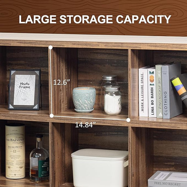 8 Cube Storage Organizer Bookshelf, Industrial Horizontal Bookcase, Accent Cubby Shelf, Media Console Table for Living Room, Home Office, 63 Inches, Light Oak
